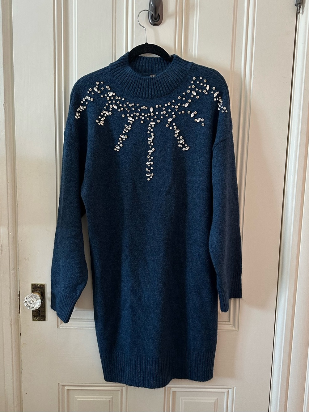 Anthropologie Dark Teal Beaded Long-Sleeve Sweater Dress